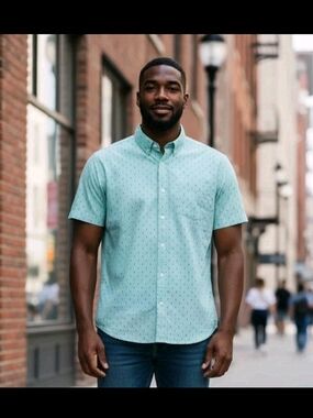 Havana jim Aqua Geometric Woven Button-Up Shirt Collared Point Short Sleeve M